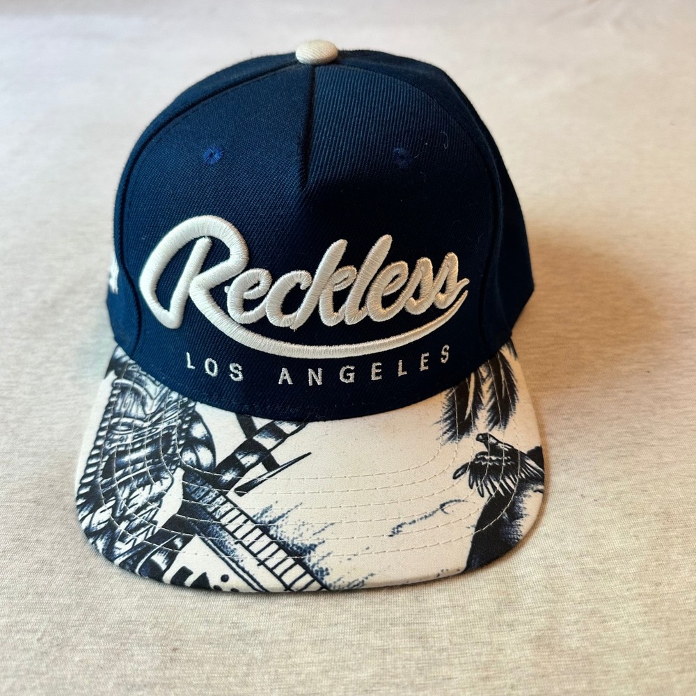 Young & Reckless Navy Blue Snapback Hat‎ Los Angeles Graphic Brim Y&R Cap OSFM